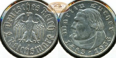 Германия (3й рейх). 2 марки. 1933 F (aUnc. Серебро)
