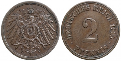 Германия [Кайзер Рейх]. Монета 2 пфеннига. 1915.A (J.11 / KM#16. aUnc)