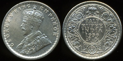 Британская Индия. 1/2 рупии. 1936 (aUnc. Серебро)