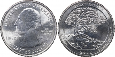 США. Монета 25 центов [Квотер]. 2013.D (KM#544. Unc) Great Basin [Nevada]