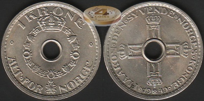 Норвегия. 1 крона. 1949 (XF+)