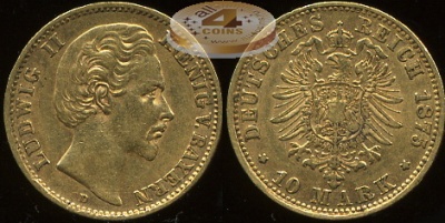 Германия (Бавария). 10 марок. 1875 D (VF. Золото)