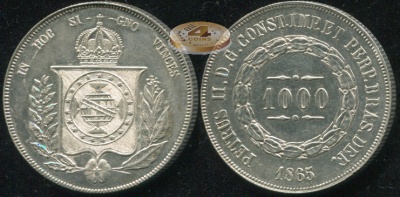 Бразилия. 1000 рейс. 1865 (aUnc++. Серебро)