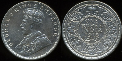 Британская Индия. 1 рупия. 1918 (XF. Серебро)