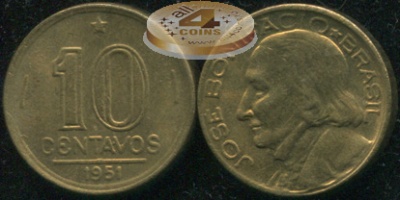 Бразилия. Монета 10 центаво. 1951 (KM#561. aUnc/Unc)