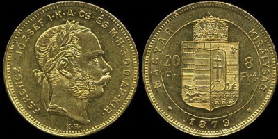 Венгрия (Австро-Венгрия). 8 форинтов / 20 франков. 1873 (XF. Золото)