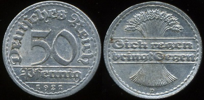 Германия (Веймарская республика). 50 пфеннигов. 1921.D (Unc)