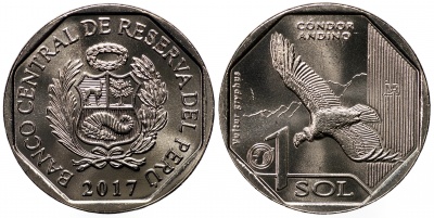 Перу. Монета 1 соль. 2017 (KM#405. Unc) Андский кондор (Vultur gryphus)