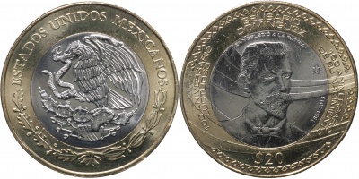 Мексика. Монета 20 песо. 2013.M° (KM#970. Unc. Биметалл) Белисарио Домингес