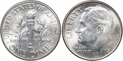 США. Монета 10 центов [Дайм]. 2012.P (KM#195a. Unc) Roosevelt Dime