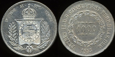 Бразилия. 1000 рейс. 1855 (Unc. Серебро)