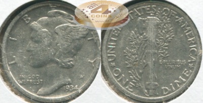 США. 10 центов [Дайм]. 1934 (XF. Серебро)