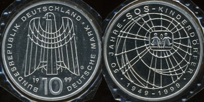 Германия (ФРГ). 10 марок. 1999 (G) (Proof. Серебро)