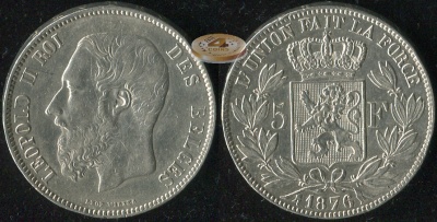 Бельгия. 5 франков. 1876 (aXF/XF. Серебро)