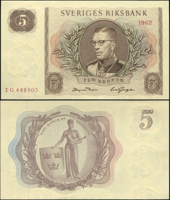 Швеция. Банкнота 5 крон. 1962. Unc. Бумага. Кат.# P.50a