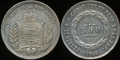 Бразилия. 500 рейс. 1856 (XF-. Серебро)