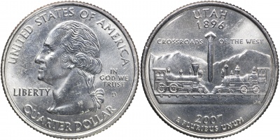 США. Монета 25 центов [Квотер]. 2007.D (KM#400. Unc) Юта