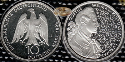 Германия (ФРГ). 10 марок. 1999 J (Proof. Серебро)