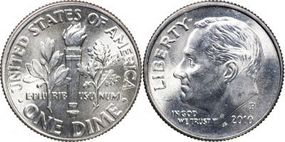 США. Монета 10 центов [Дайм]. 2010.P (KM#195a. Unc) Roosevelt Dime