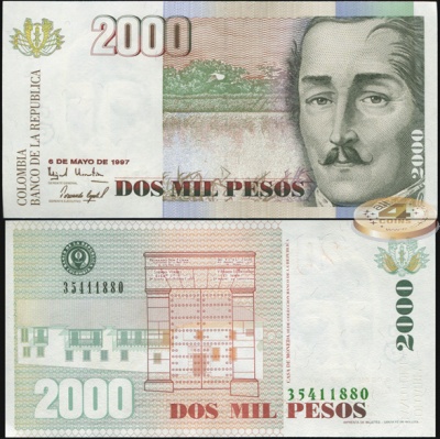 Колумбия. Банкнота 2000 песо. 06.05.1997. Unc. Бумага. Кат.# P.445b