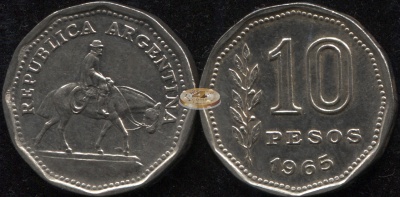 Аргентина. 10 песо. 1965 (aUnc)