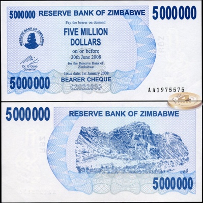 Зимбабве. 5000000 долларов (Unc) 2008
