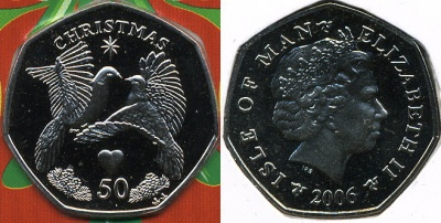 Остров Мэн. 50 центов. Рождество (Unc+открытка) 2006