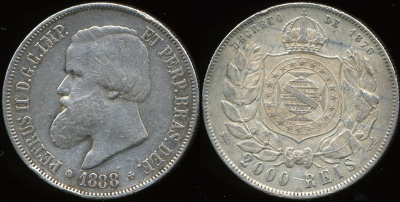 Бразилия. 2000 рейс. 1888 (aXF. Серебро)