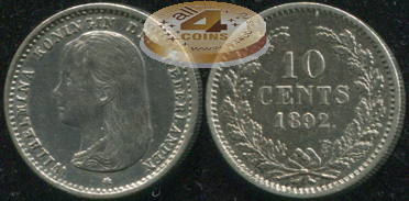 Нидерланды. Монета 10 центов. 1892 (KM#116. XF. Серебро)