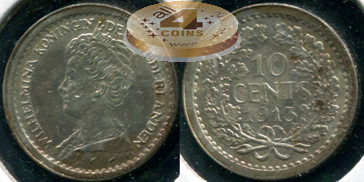 Нидерланды. Монета 10 центов. 1913 (KM#145. XF+. Серебро)