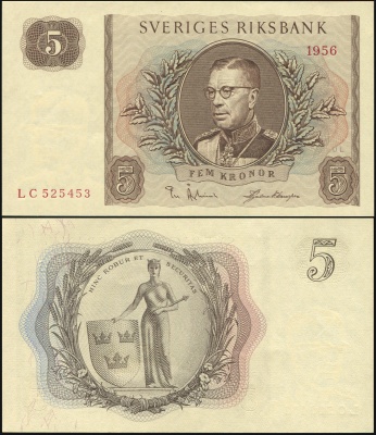 Швеция. Банкнота 5 крон. 1956. Unc. Бумага. Кат.# P.42c