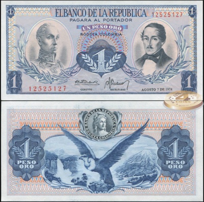 Колумбия. Банкнота 1 песо оро. 07.08.1974. Unc. Бумага. Кат.# P.404e