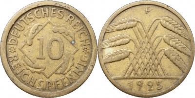 Германия [Веймарская республика]. Монета 10 рейхспфеннигов. 1925.F (J.317 / KM#40. VF/XF)