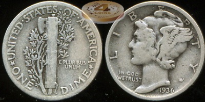 США. 10 центов (Дайм). 1936 (aVF. Серебро)