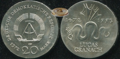 Германия [ГДР]. 20 марок. 1972.A (Unc. Серебро)