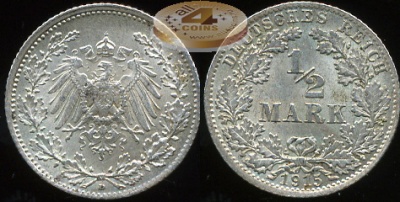 Германия (Кайзер Райх). 1/2 марки. 1915 (D) (XF+. Серебро)