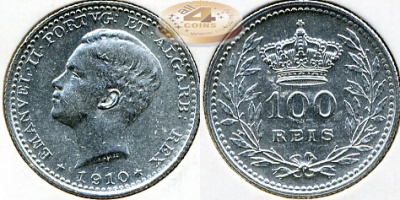 Португалия. 100 рейс. 1910 (Unc. Серебро)