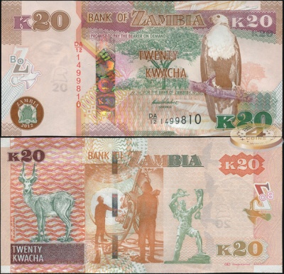 Замбия. Банкнота 20 квач. 2012(2013). Unc. Бумага. Кат.# P.52a
