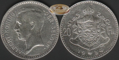 Бельгия. 20 франков. 1934 (VF. Серебро)