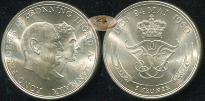 Дания. 5 крон. 1960 (Unc. Серебро)