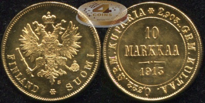 Финляндия (Российская). 10 марок. 1913 (Unc. Золото)