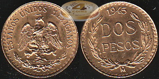 Мексика. 2 песо. 1945 (Unc. Золото)