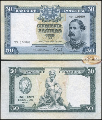 Португалия. Банкнота 50 эскудо. 28.04.1953. XF+. Бумага. Кат.# P.160