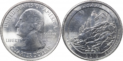 США. Монета 25 центов [Квотер]. 2012.D (KM#521. Unc) Acadia [Maine]