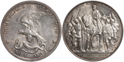 Германская имп. [Пруссия]. Монета 2 марки. 1913.A (KM#532. aUnc+. Серебро) Победа под Лейпцигом