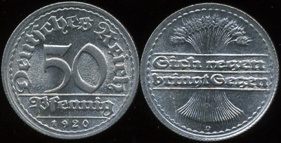 Германия (Веймарская республика). 50 пфеннигов. 1920.D (Unc)