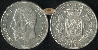 Бельгия. 5 франков. 1871 (aXF/XF. Серебро)