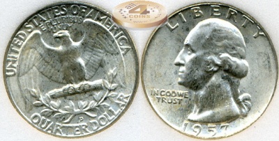 США. 25 центов. 1957 D  (BU. Серебро / MS-67, слаб)