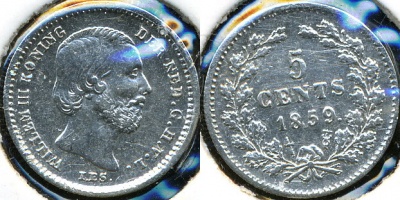 Нидерланды. 5 центов. 1859 (XF+. Серебро)