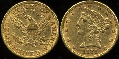 США. 5 долларов. 1881 (XF-.Золото) 